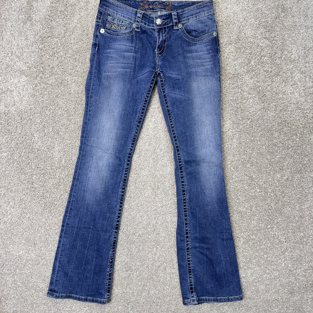 Seven7 Jeans Women 28 Bootcut Blue Contrast Stitch Embroidery EUC